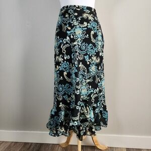 JM Maxi Skirt Womens 16 Black Turquoise Paisley Ruffle Hem Chiffon Romantic Boho